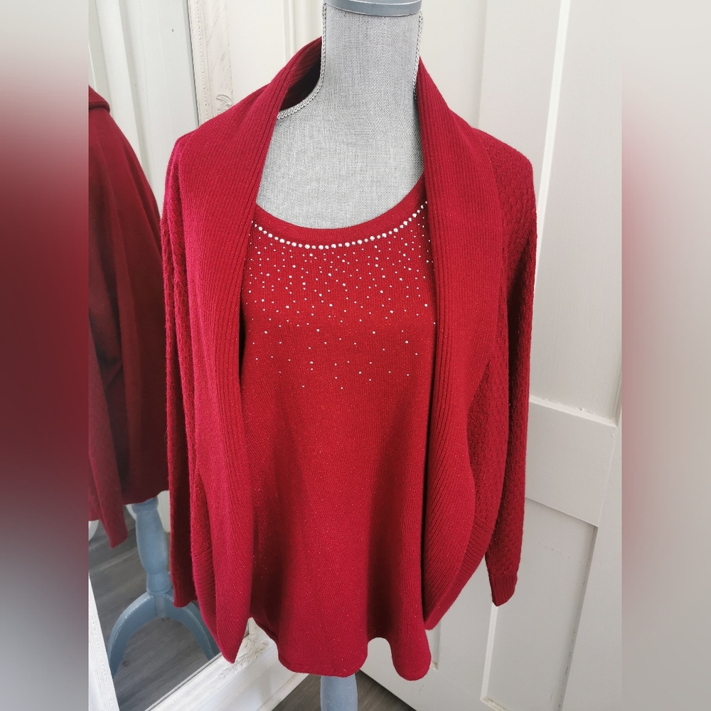 Womens Vintage Tradition Red Sparklecore Faux  Cardigan With Beads . Size 1X 18W
